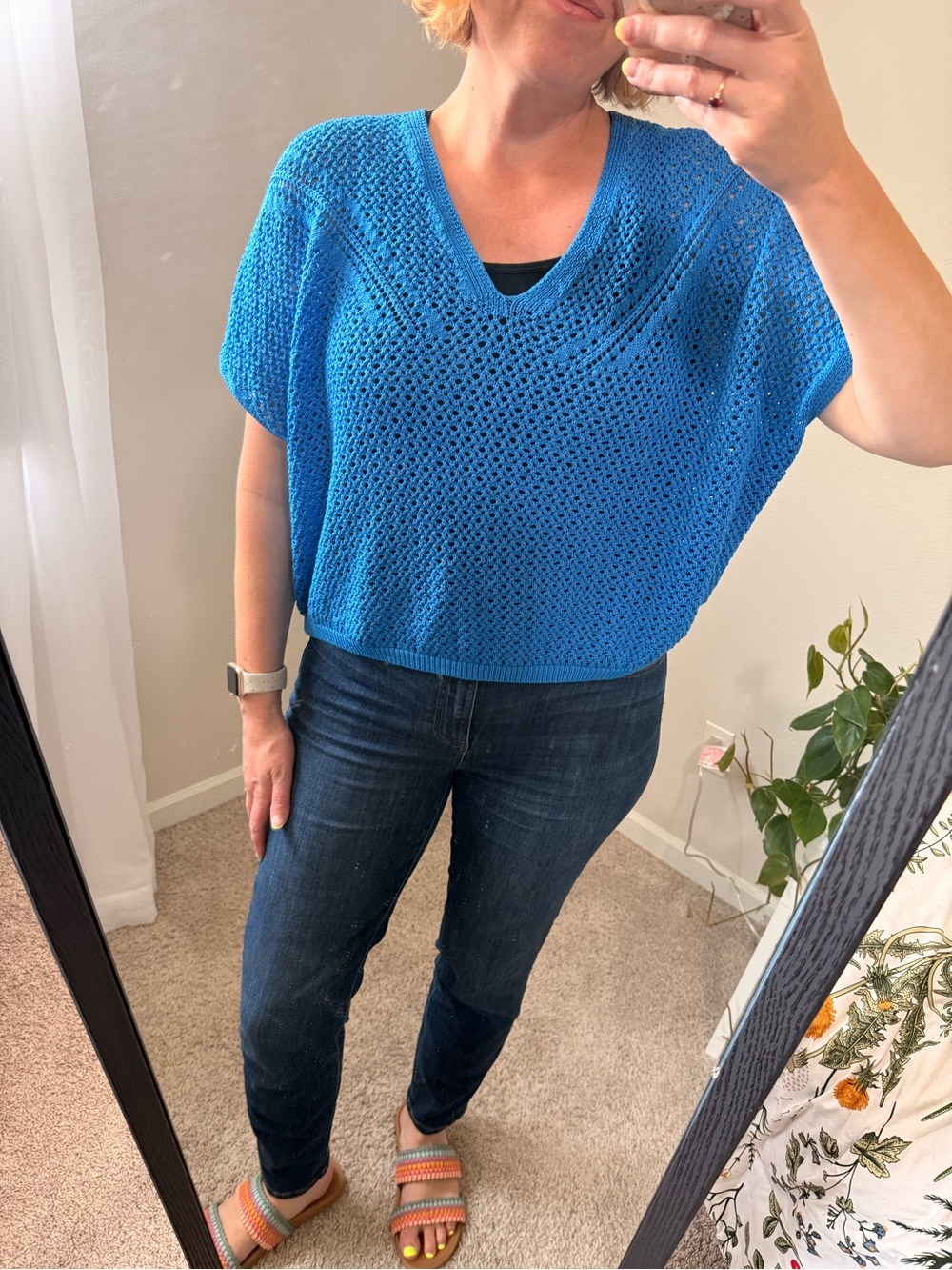 Express Bright Blue Open-Weave V-Neck Sweater Top